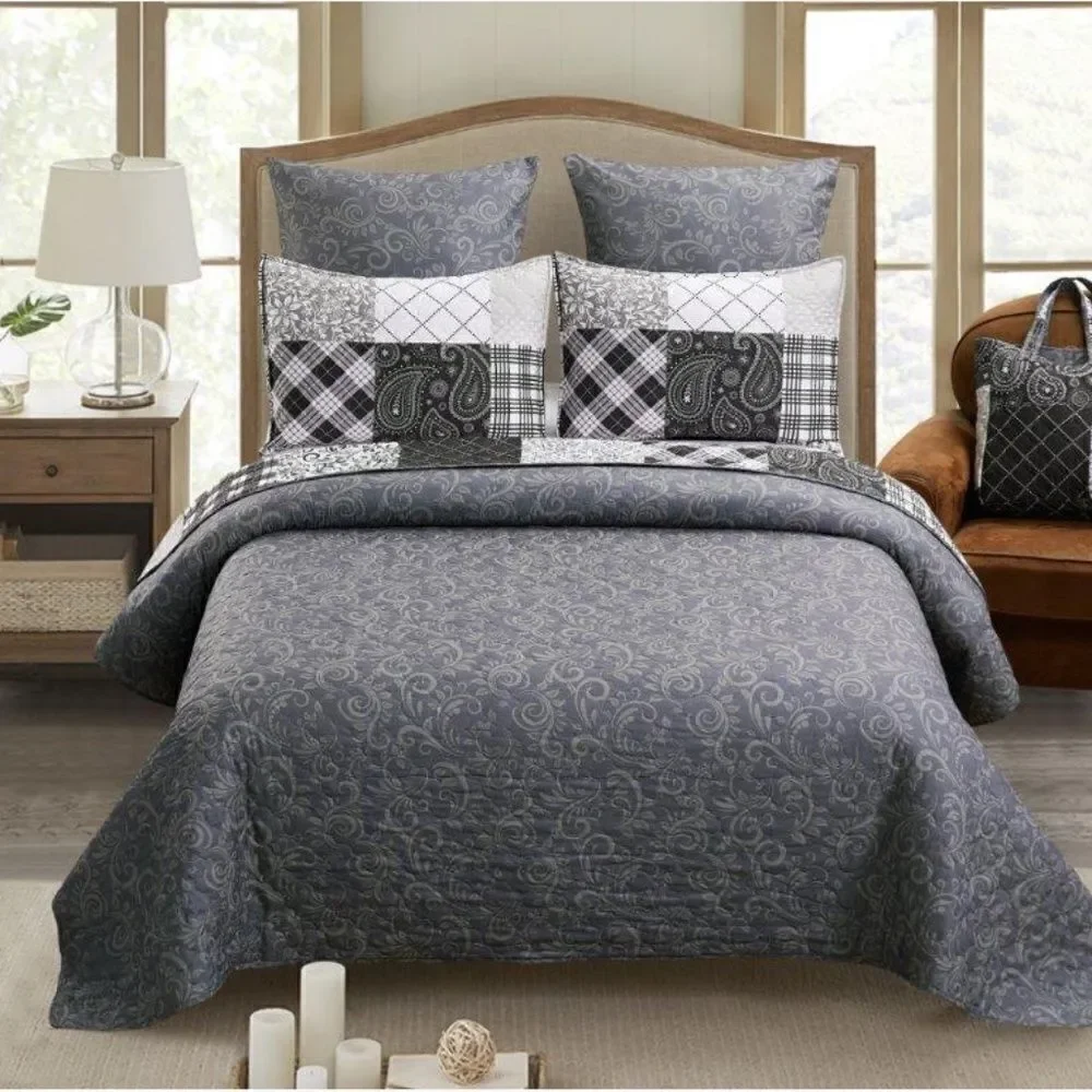 Farmhouse Black and White Reversible Patchwork King Quilt Set Matching Tote Bag